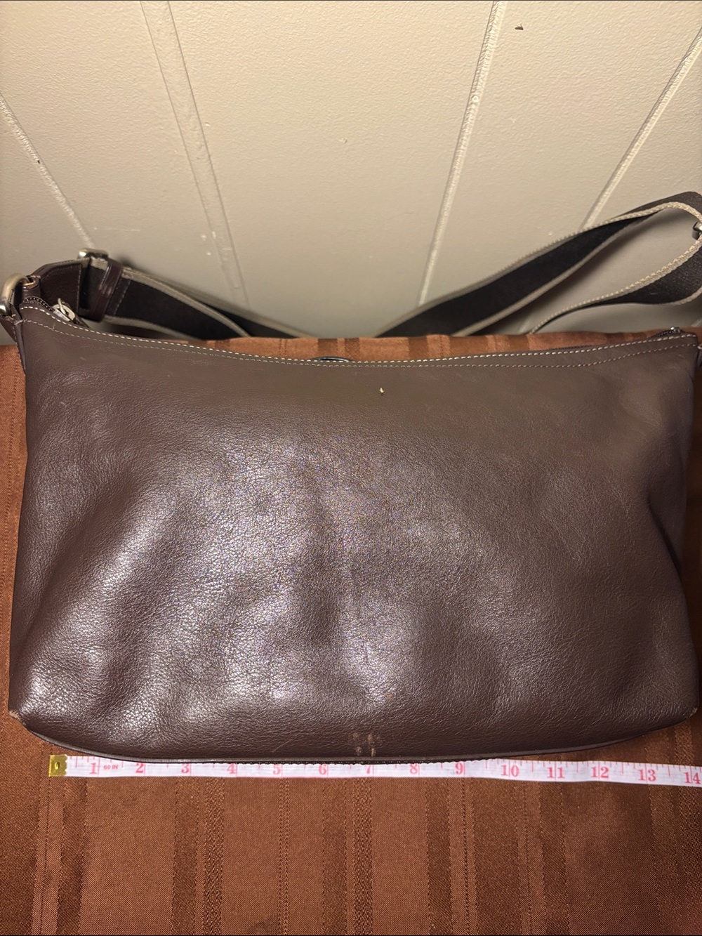 EUC Coach F70559 Brown Leather Messenger Shoulder Bag Webbed Stripe Strap - Picture 10 of 16
